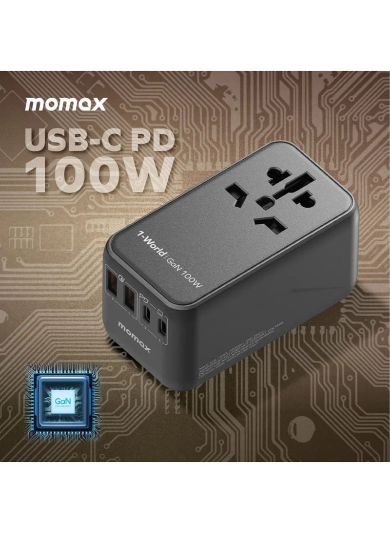 Momax UA10D 1-World 100W GaN 4 Ports + متعدد التوصيل محول السفر متعدد فولت 100-250V USB-C / USB-A - أسود - Image 2