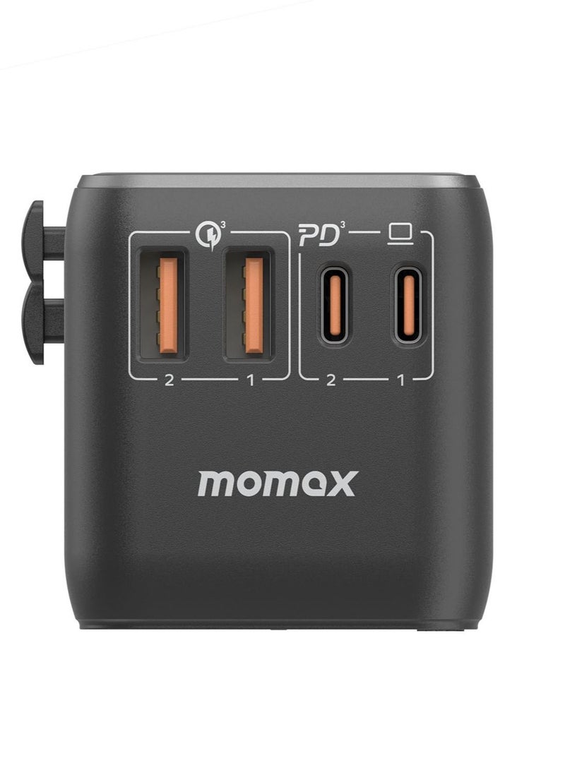 Momax UA10D 1-World 100W GaN 4 Ports + متعدد التوصيل محول السفر متعدد فولت 100-250V USB-C / USB-A - أسود - Image 4