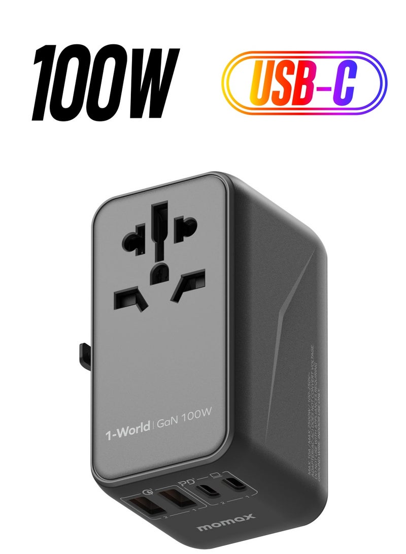 Momax UA10D 1-World 100W GaN 4 Ports + متعدد التوصيل محول السفر متعدد فولت 100-250V USB-C / USB-A - أسود - Image 1