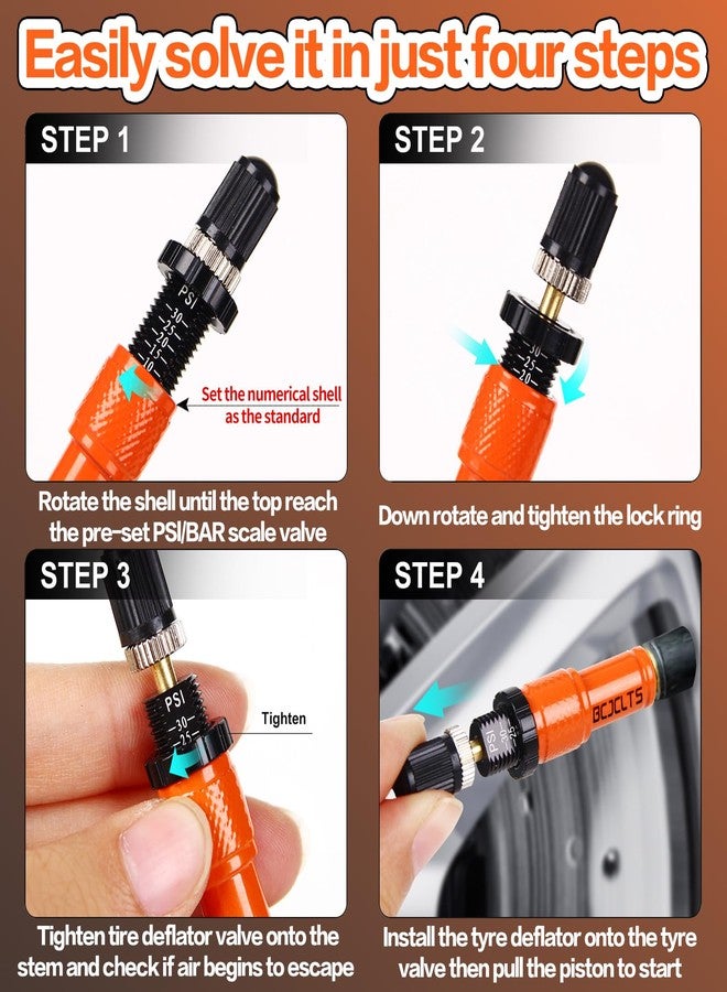 BCJCLTS Adjustable Auto-Stop Tire Deflator Valve Kit (10-30 PSI) Tire Air Down Tool Offroad 4x4 Screw-on Automatic Tire Deflators. (4, Orange) - Image 2