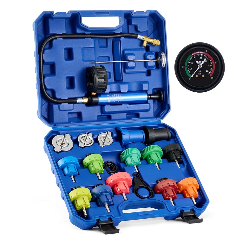 Orion Motor Tech Coolant Pressure Tester Kit 19pc Radiator Pressure Tester Kit with 15 Radiator Adapters  Wrench Cooling System Pressure Tester Kit with Vacuum Pump  Probe Thermometer