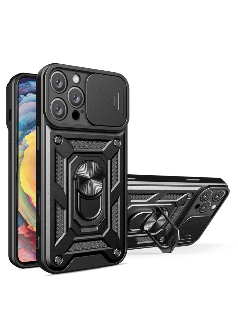 غطاء الحالة لآيفون 16 برو 5G, غطاء عدسة الكاميرا الشريحة, 360 درجة دوار حلقة الركض, دعم مغناطيسي سيارة جبل صدمة غطاء الهاتف المحمول الأسود - Image 3