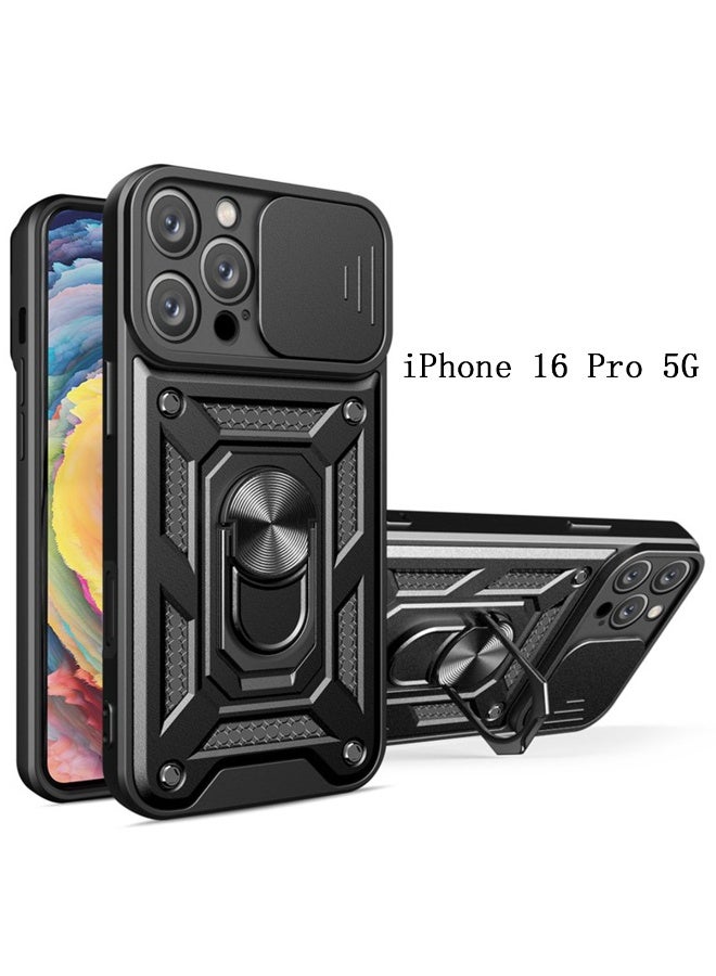 Case Cover for iPhone 16 Pro 5G, Slide Camera Lens Cover, 360°Rotating Kickstand Ring, Support Magnetic Car Mount Shockproof Mobile Phone Cover Black - Image 1
