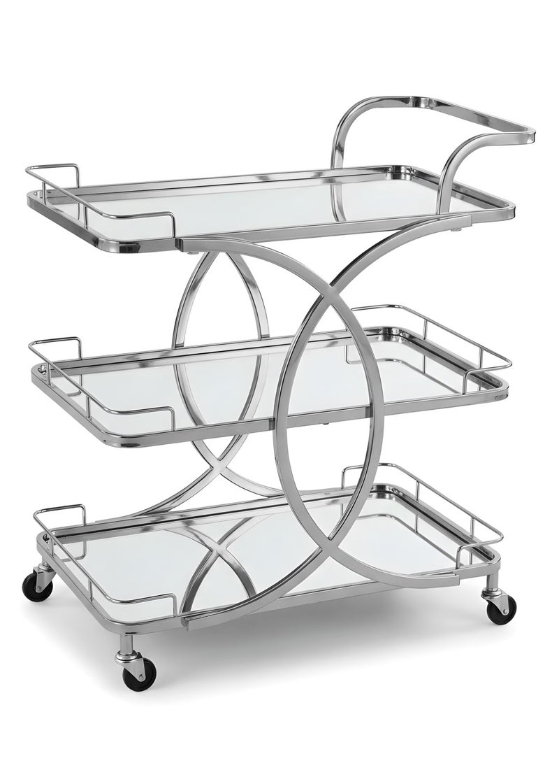 Life Smile Luxury Silver 3-Tier Bar Cart with Mirror Glass Shelves – 75x43x86 cm Rolling Serving Trolley – Modern Multi-Purpose Drink & Display Cart Food Storage Trolley - Image 1