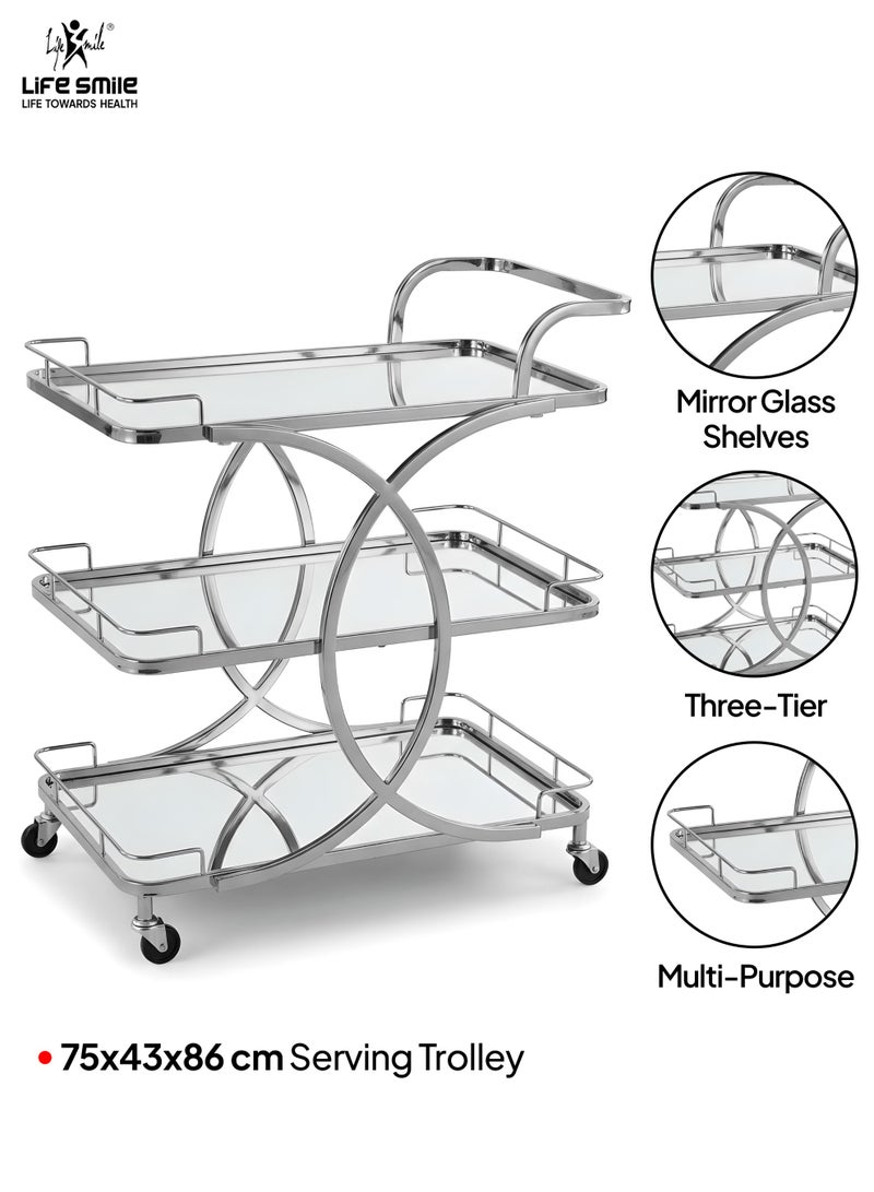 Life Smile Luxury Silver 3-Tier Bar Cart with Mirror Glass Shelves – 75x43x86 cm Rolling Serving Trolley – Modern Multi-Purpose Drink & Display Cart Food Storage Trolley - Image 2