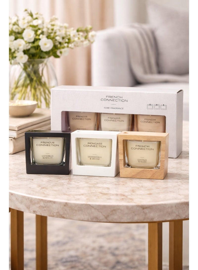French Connection طقم هدايا شموع معطرة في برطمان من 3 - 50 جرام لكل منها، شمع زبدة الشيا | وقت الاحتراق - 25 ساعة | مجموعة خشبية | مثالي للهدايا، ديكور المنزل، الحفلات وعطر الغرف | مثالي لديكور غرفة المعيشة والمكتب - Image 1
