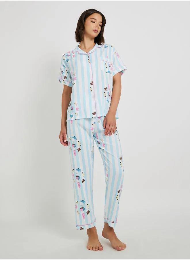 Take Two Take Two All-Over Print Collared Shirt with Shorts and Pyjama Set