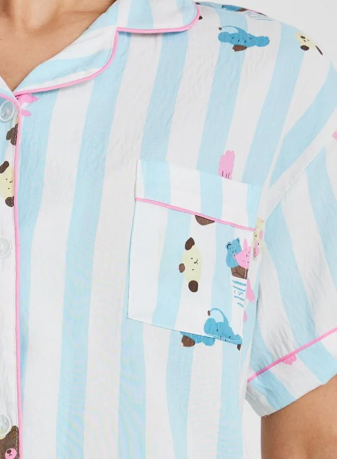 Take Two Take Two All-Over Print Collared Shirt with Shorts and Pyjama Set