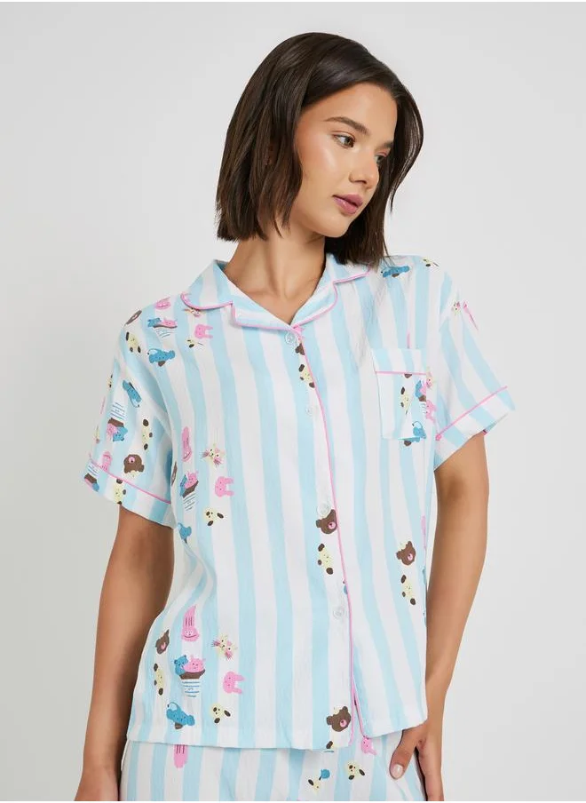 Take Two Take Two All-Over Print Collared Shirt with Shorts and Pyjama Set