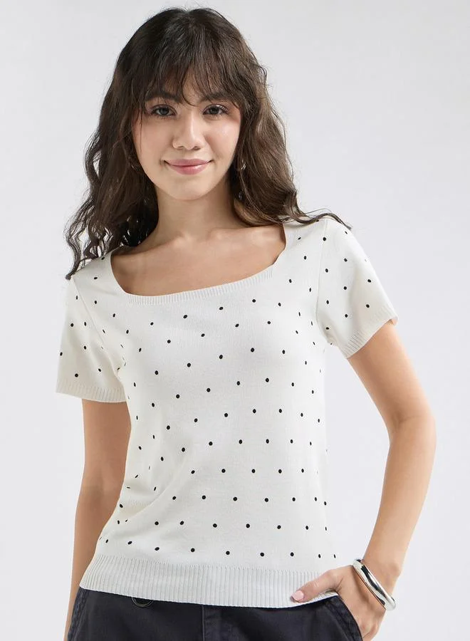 Splash FAV Textured Square Neck T-shirt with Short Sleeves