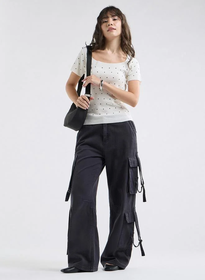 Splash FAV Textured Square Neck T-shirt with Short Sleeves