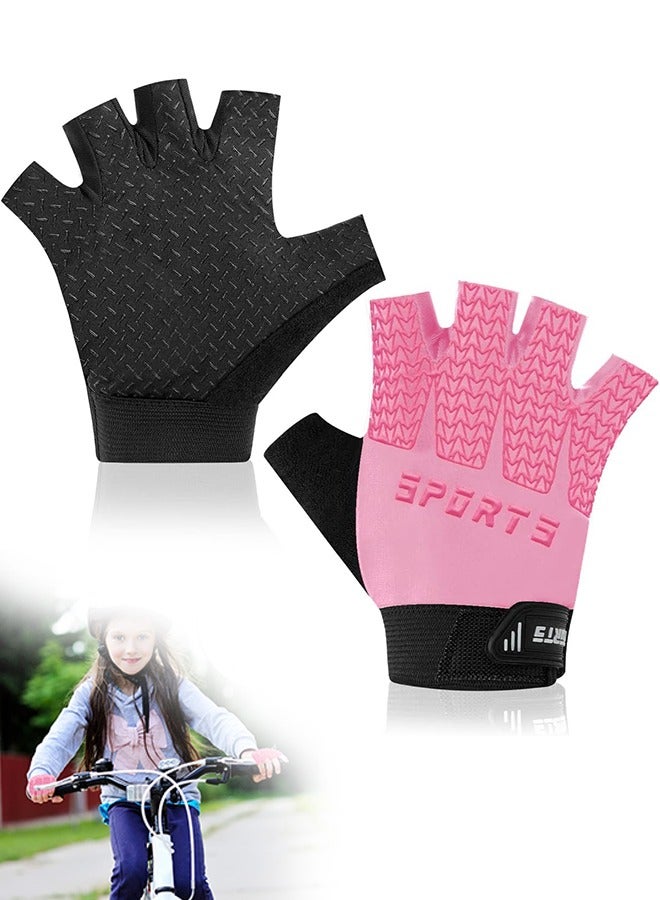 1 Pair Kids Sport Gloves Half, Breathable Ice Silk Anti Slip Silicagel Palm Rest Cycling Finger Gloves, Kids Velcro Gloves for Cycling Camping Fishing Outdoor M (Pink) - Image 1
