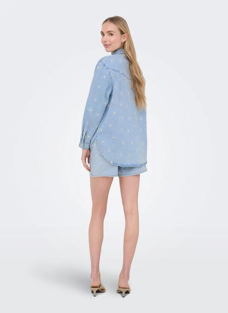 ONLY Onlvera Long Sleeve Daisy Embroidered Denim Shirt