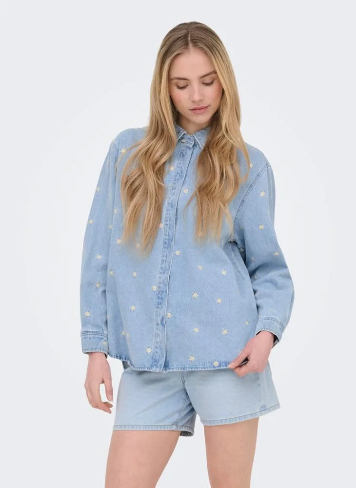 ONLY Onlvera Long Sleeve Daisy Embroidered Denim Shirt