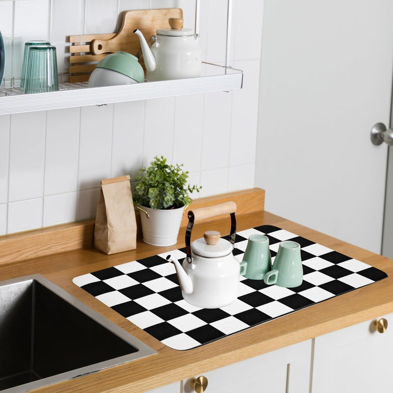 FUULOXE Coffee Mat Checkered Dish Drying Pad for Kitchen Pet Placemat Absorbent Quick Dry Washable Anti-slip Rubber Backed Mats for Kitchen Counter Coffee Bar Bathroom Bedroom 15.7" x 23.6" - Image 2