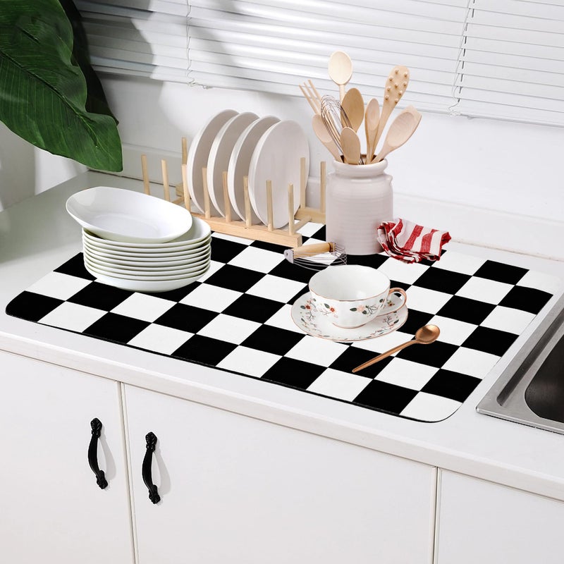 FUULOXE Coffee Mat Checkered Dish Drying Pad for Kitchen Pet Placemat Absorbent Quick Dry Washable Anti-slip Rubber Backed Mats for Kitchen Counter Coffee Bar Bathroom Bedroom 15.7" x 23.6" - Image 1