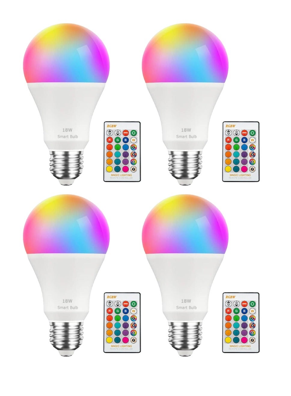 4Pcs RGBW Smart LED Light Bulb 24 Color Changing Bulb With Remote Control Smart Bulb With 16 Million Color Range E27-18W Bulb 50000 Hour Lifespan 2700K-6500K Color Temperature For Home Room Decoration