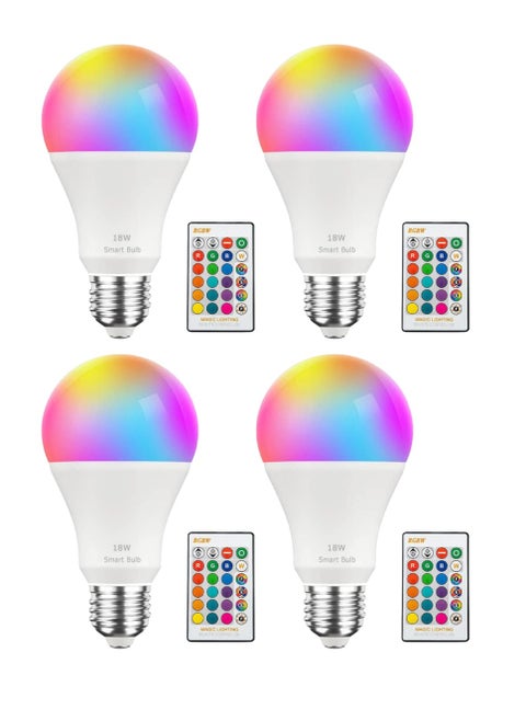 4Pcs RGBW Smart LED Light Bulb 24 Color Changing Bulb With Remote Control Smart Bulb With 16 Million Color Range E27-18W Bulb 50000 Hour Lifespan 2700K-6500K Color Temperature For Home Room Decoration