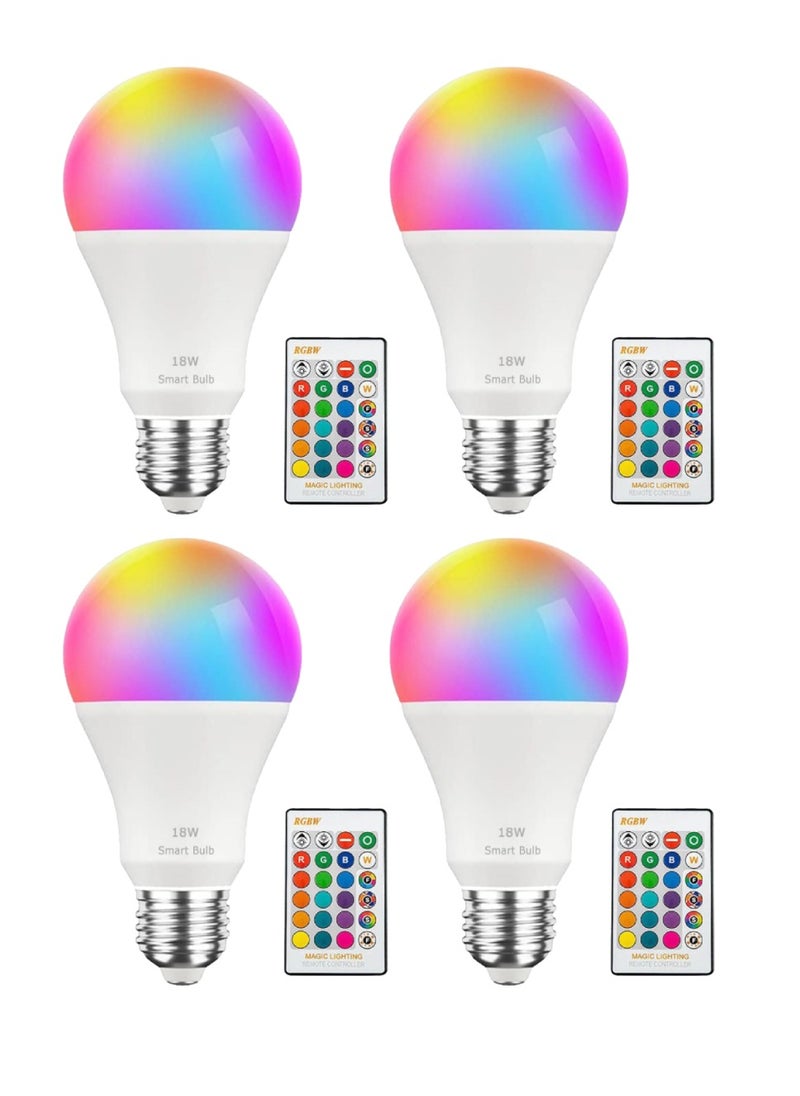 Yuwell - 4Pcs RGBW Smart LED Light Bulb 24 Color Changing Bulb With Remote Control Smart Bulb With 16 Million Color Range E27-18W Bulb 50000 Hour Lifespan 2700K-6500K Color Temperature For Home Room Decoration - Image 1
