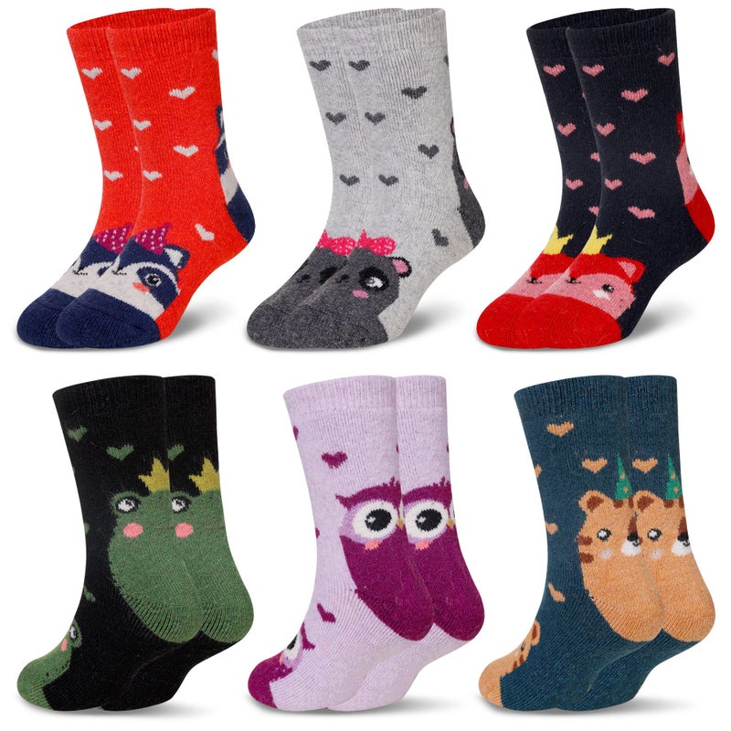 Eocom 6 Pairs Children's Winter Warm Wool Animal Crew Socks Kids Boys Girls Socks(4-7 Years,Heart Animal) - Image 1