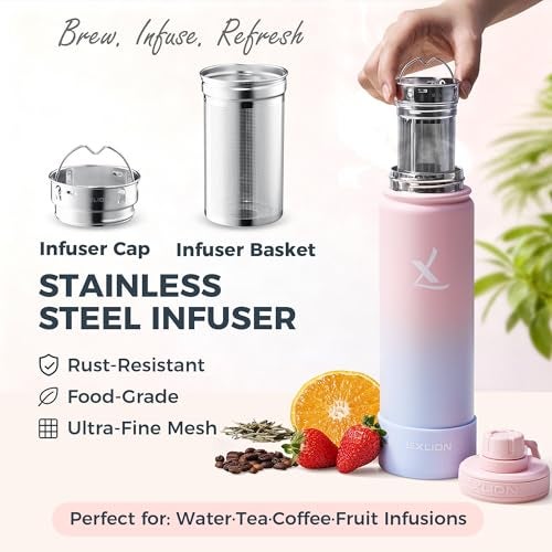 Lexlion Tea Infuser Water Bottle 22 Oz – Triple Wall Insulated Stainless Steel, Loose Leaf & Fruit Strainer, 3 Leakproof Lids, BPA-Free Silicone Sleeve, Reusable Thermal Mug - Image 3