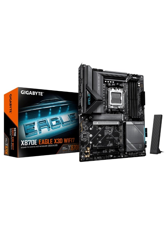 جيجابايت لوحة أم X870E EAGLE X3D WIFI7 AMD AM5 ATX – DDR5 حتى 256GB، PCIe 5.0، Wi‑Fi 7، Bluetooth 5.4، Realtek 5GbE LAN، HDMI 2.1، USB4 Type-C، X3D Turbo، تبريد متقدم، RGB Fusion | 9MX87EE7X-00-G10 - Image 1