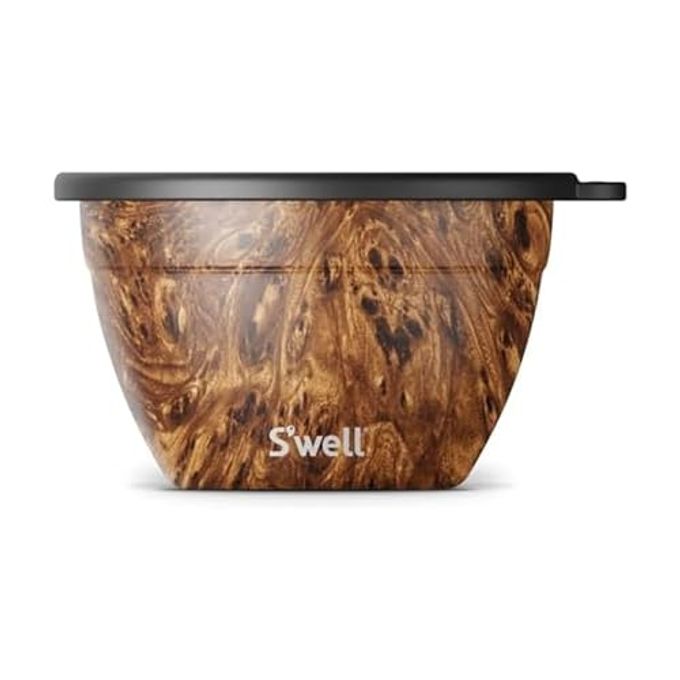 Swell Stainless Steel 64oz Salad Bowl Kit, Teakwood Finish, Includes 2oz Condiment Container and Removable Tray, Leak-Proof and Easy to Clean, Dishwasher Safe