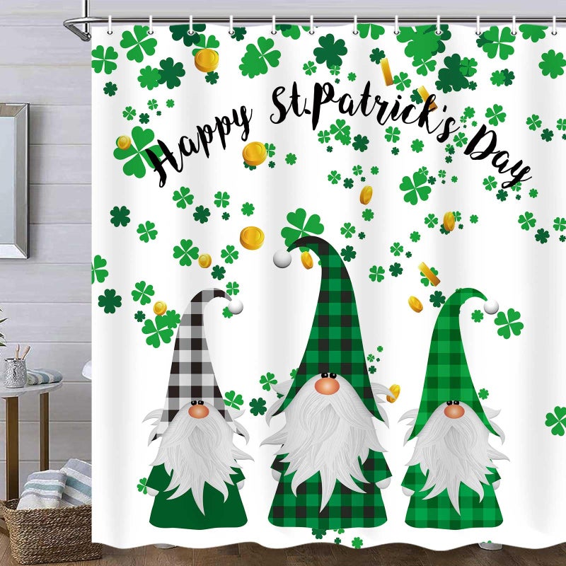 MERCHR Happy St Patricks Day Shower Curtain Green Clover Shamrock Leaf Irish Gnome Elf Design Buffalo Check Plaid Decor Cloth Fabric Bathroom Curtains with Hooks Set 71 x 71 Inch