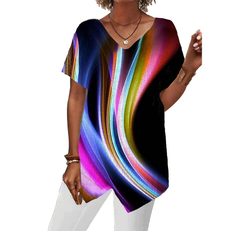 2023 Summer New European and American Cross-border Women's Wear TEMU Independent Station Geometric Printed Loose Irregular Short-sleeved T-shirt - Image 1