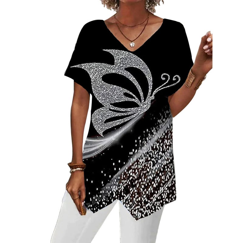 2023 Summer New European and American Cross-border Women's Wear TEMU Independent Station Geometric Printed Loose Irregular Short-sleeved T-shirt - Image 5