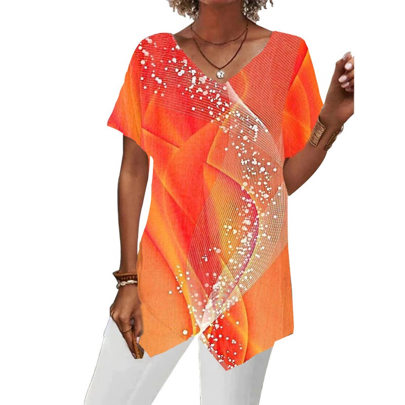 2023 Summer New European and American Cross-border Women's Wear TEMU Independent Station Geometric Printed Loose Irregular Short-sleeved T-shirt - Image 4