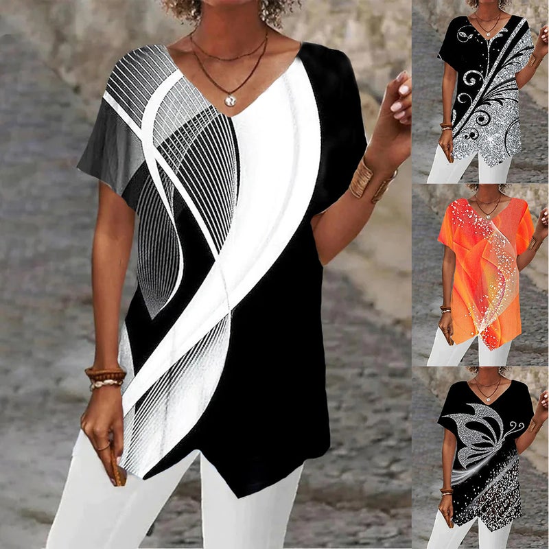 2023 Summer New European and American Cross-border Women's Wear TEMU Independent Station Geometric Printed Loose Irregular Short-sleeved T-shirt - Image 2