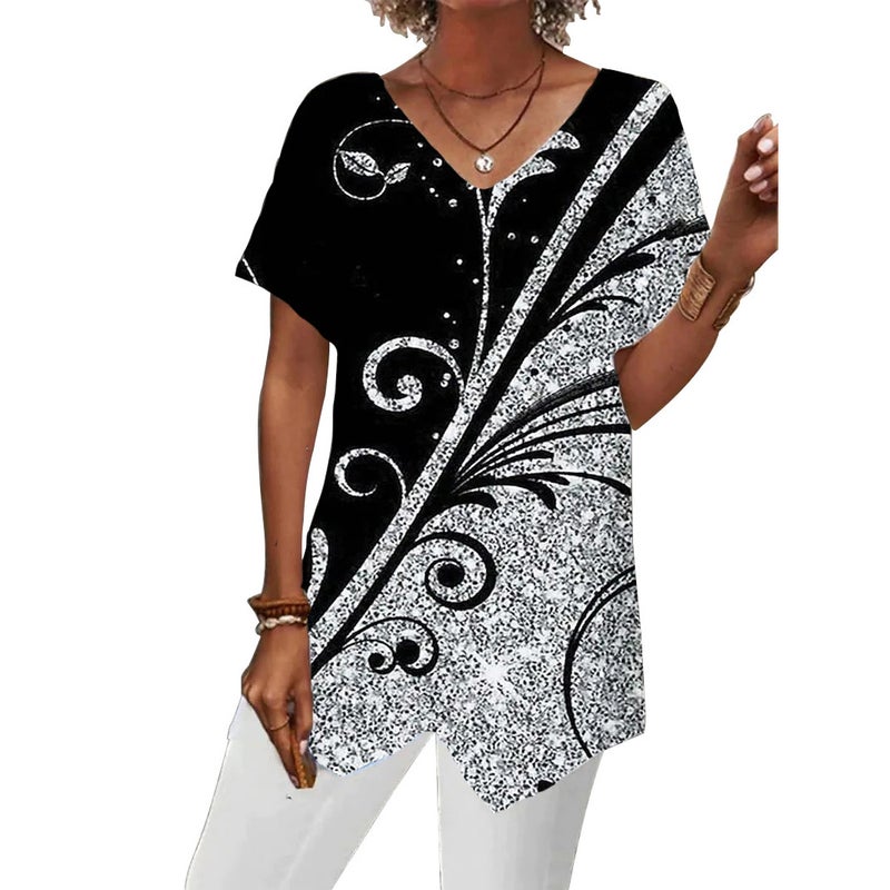 2023 Summer New European and American Cross-border Women's Wear TEMU Independent Station Geometric Printed Loose Irregular Short-sleeved T-shirt - Image 3