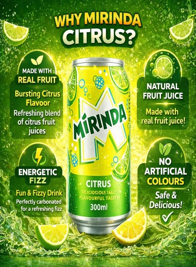 Pepsi Mirinda Citrus Carbonated Soft Drink (Pack of 6) 300ml Can By COUGAR, Refreshing Fizzy Citrus Soda, Delicious & Flavourful Sparkling Beverage, Sweet & Tangy Taste, Ready to Serve Chilled, Single Serve Can for Parties & Everyday Refreshment - (Imported-UAE) - Image 3