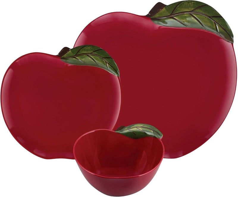 UP طقم أطباق خارجي من UPware مكون من 12 قطعة بتصميم تفاحي من الميلامين، أطباق وأوعية لخدمة 4 أشخاص باللون الأحمر - Image 2