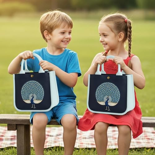 HOBBY INDIA Kids Lunch Bag | Cute & Stylish Mini Tiffin Bag for Boys & Girls | Cute Cotton Cartoon Design I Perfect For Picnic Tuition School, Preschool & Playschool (Peacock) - Image 3