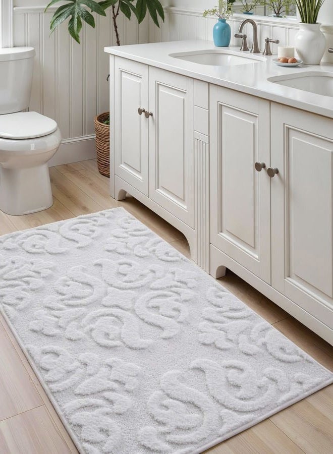 DEXI Bathroom Rug 24x36, Non Slip Washable Bath Mat for Shower Floor, Absorbent Soft Bathmat with Rubber Backing, Plush Fluffy Microfiber Floral Retro Carpet, White - Image 3