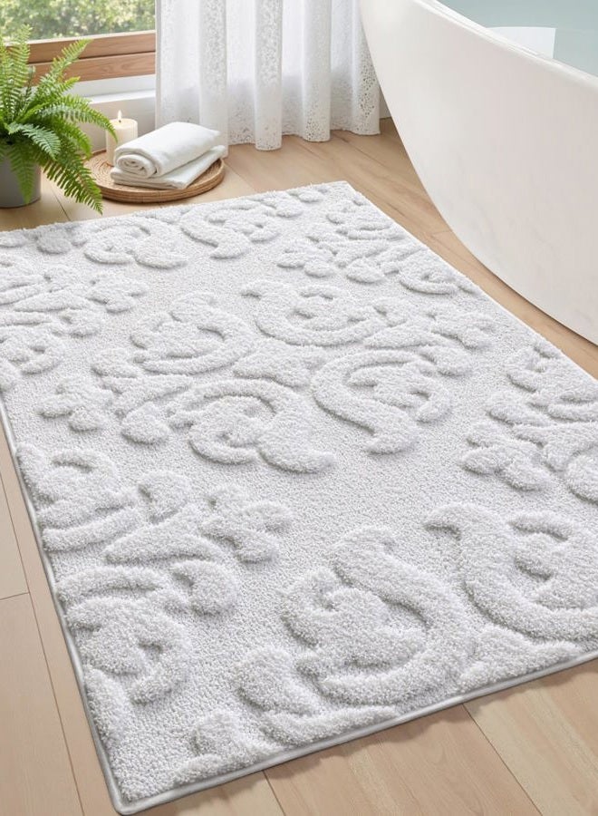 DEXI Bathroom Rug 24x36, Non Slip Washable Bath Mat for Shower Floor, Absorbent Soft Bathmat with Rubber Backing, Plush Fluffy Microfiber Floral Retro Carpet, White - Image 1