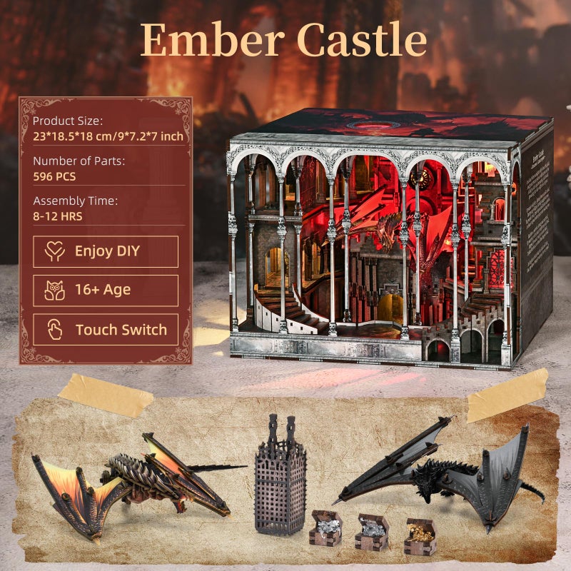 CCCDF Book Nook Kit, DIY Miniature Dollhouse Booknook Kit, 3D Wooden Puzzle Bookend Bookshelf Insert Decor with LED Light for Teens and Adults (Ember Castle) - Image 2