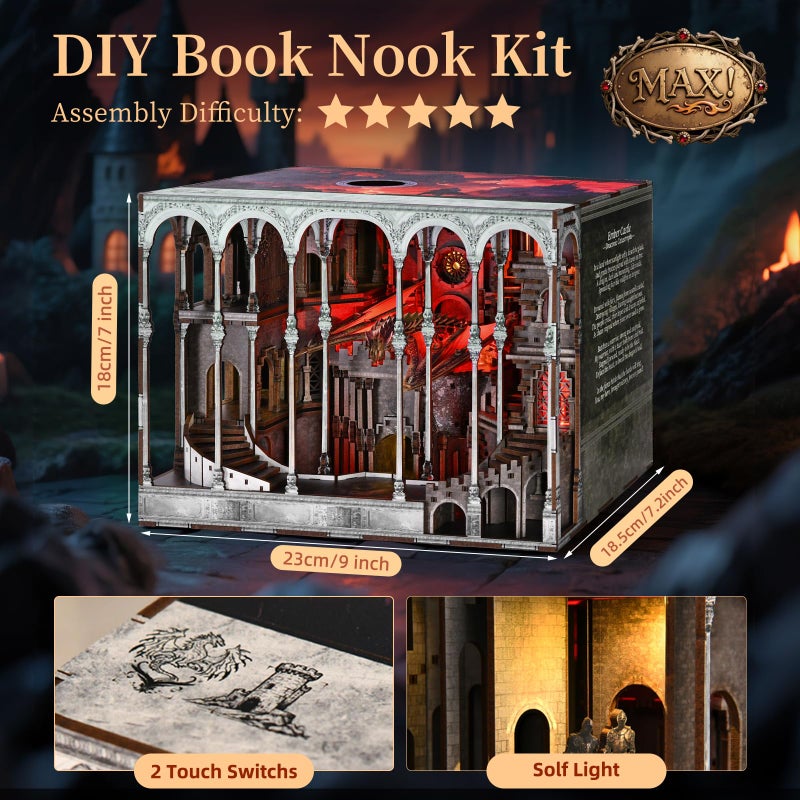 CCCDF Book Nook Kit, DIY Miniature Dollhouse Booknook Kit, 3D Wooden Puzzle Bookend Bookshelf Insert Decor with LED Light for Teens and Adults (Ember Castle) - Image 3