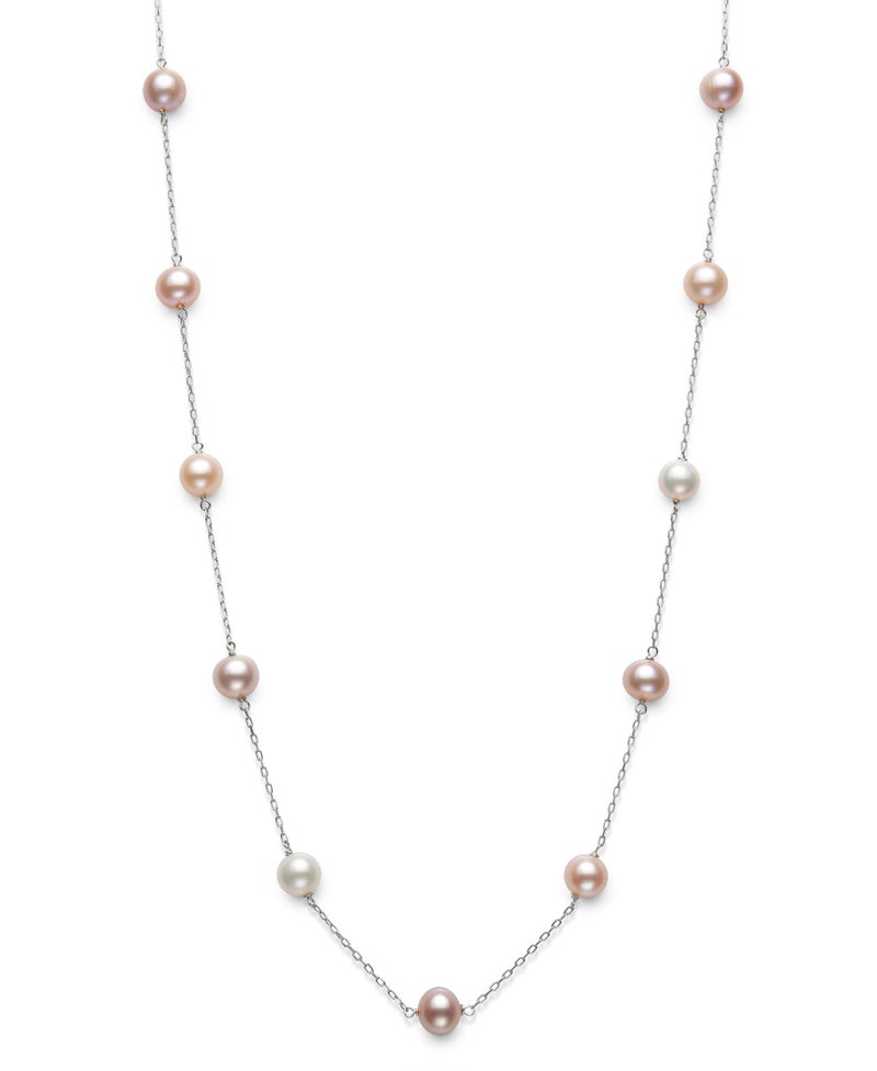Belacqua Multi Pink Cultured Freshwater Pearl Station Tin Cup Necklace in 10K White Gold, Size 6MM-7MM, 18" Dainty Cable Chain, Real Pearl Jewelry for Women, Gift Box Included