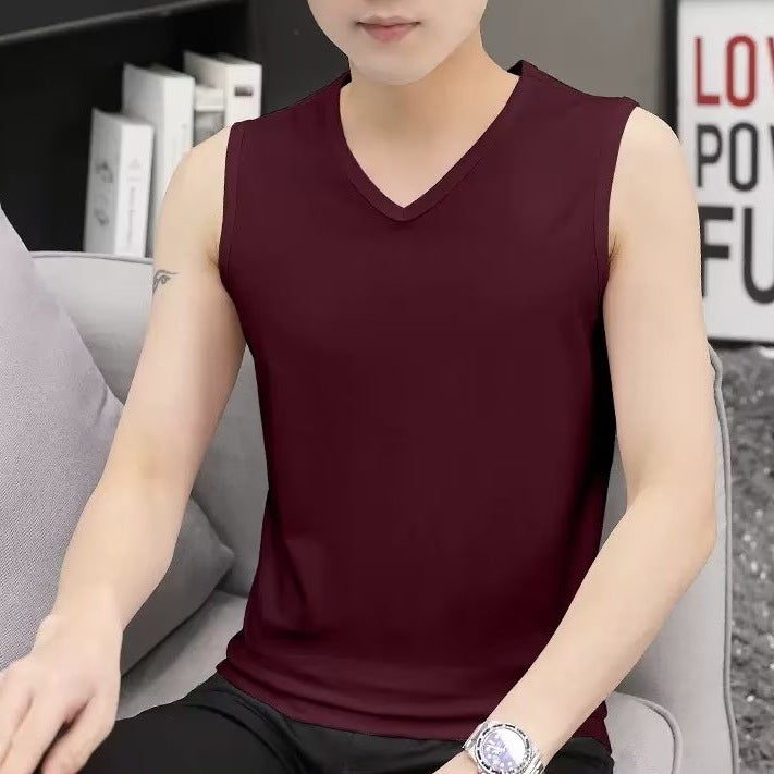 Mens Short-sleeved V-neck Vest Solid Color Slim-fit Base Shirt Thin White Casual Sports Sleeveless Large Waistcoat T-shirt Navy blue  - Image 3