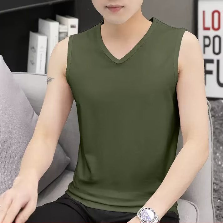 Mens Short-sleeved V-neck Vest Solid Color Slim-fit Base Shirt Thin White Casual Sports Sleeveless Large Waistcoat T-shirt Navy blue  - Image 2