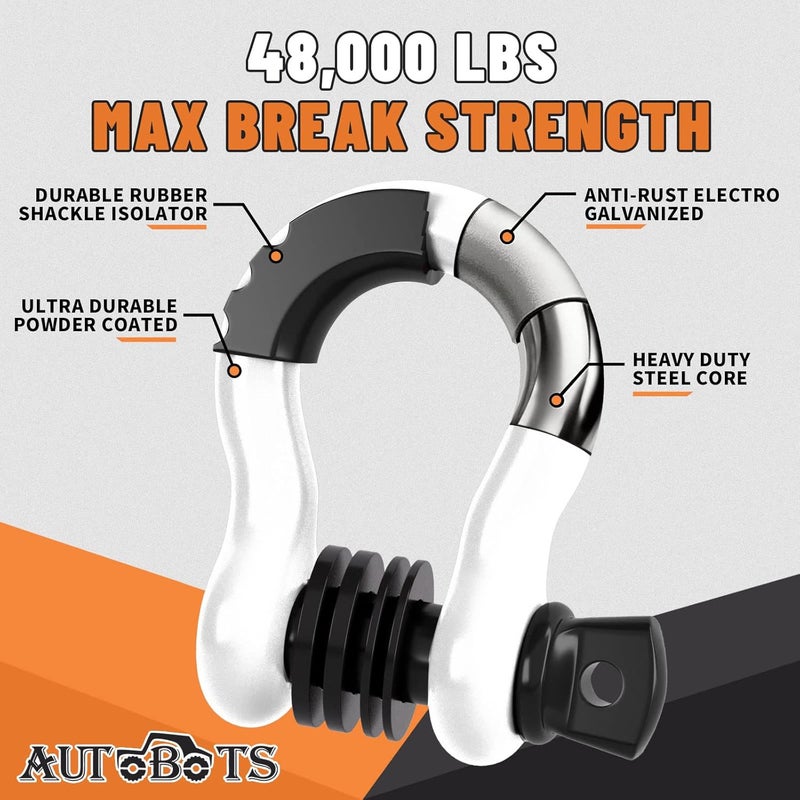 AUTOBOTS 3/4" D Ring Shackles (2 Pack), D Rings Heavy Duty 48,000Ib Break Strength with 7/8" Pin, Tow Hooks for Offroad Vehicle Truck Recovery White - Image 2