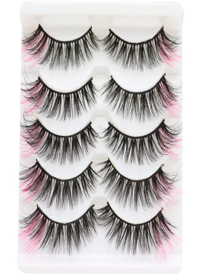DAODER Colored Lashes Fluffy Wispy with Pink on End 14mm~16mm Medium C Curl Full Volume 3D Natural Fake Lashes Soft Reusable 5 Pairs (Pink on End) - Image 1