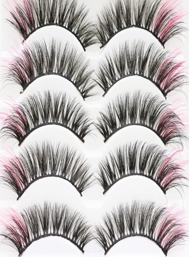 DAODER Colored Lashes Fluffy Wispy with Pink on End 14mm~16mm Medium C Curl Full Volume 3D Natural Fake Lashes Soft Reusable 5 Pairs (Pink on End) - Image 5