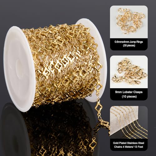 YOUBEIYEE 13 Feet Four Leaf Clover Chains for Jewelry Making Gold Plated Stainless Steel Chains Bulk on Spool - Image 2
