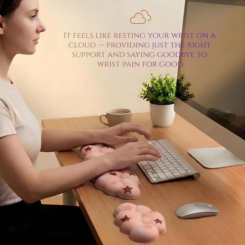 LJYZMD Cloud Wrist Rest Set for Keyboard and Mouse, Includes Cute Coaster, with Computers and Laptops (Milk Tea Colorful Star Set) - Image 2