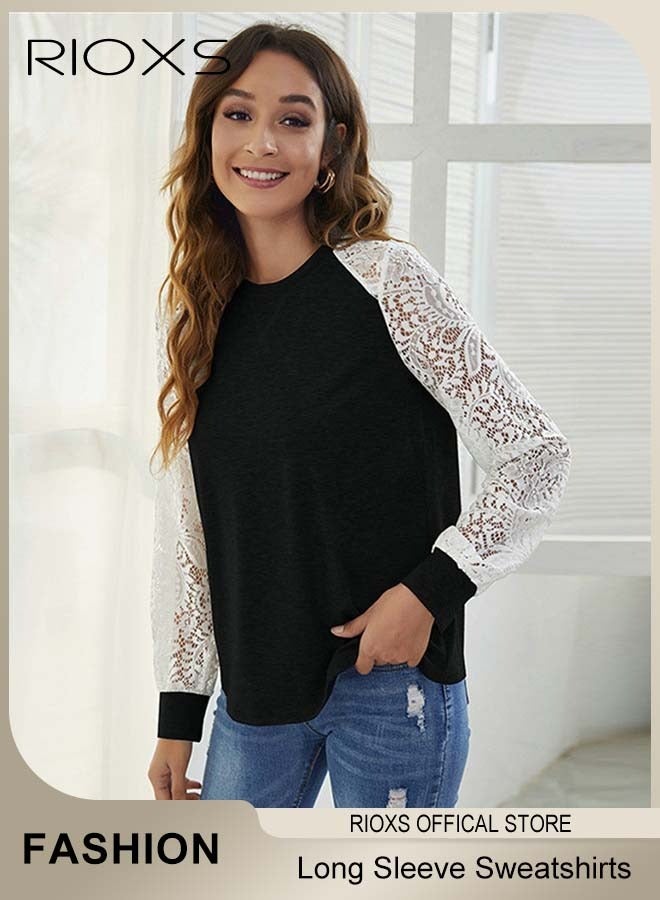 RIOXS Women Raglan Sweatshirts Long Sleeve Shirt Lace Splice Round Neck Top  - Image 2
