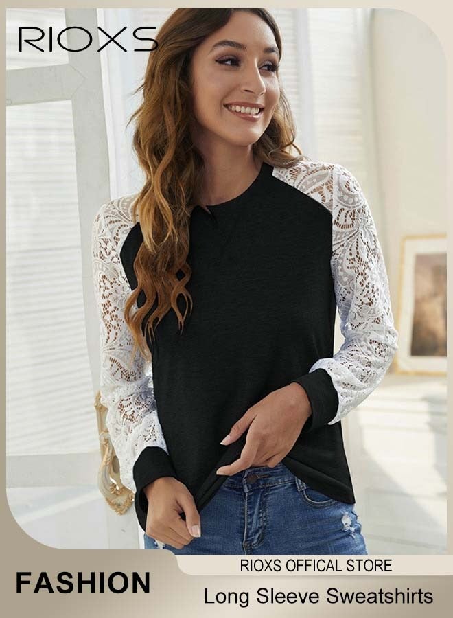 RIOXS Women Raglan Sweatshirts Long Sleeve Shirt Lace Splice Round Neck Top  - Image 3